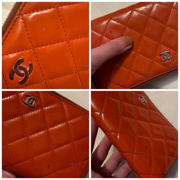 AUTHENTIC CHANEL Coral Orange Matelasse Patent Interlocking C CC Quilted Wallet - Picture 6 of 16